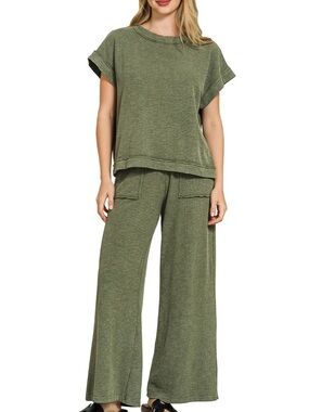 EUC💚Zenana Slub Short Sleeve Tee and Pants Set Small Dark Olive